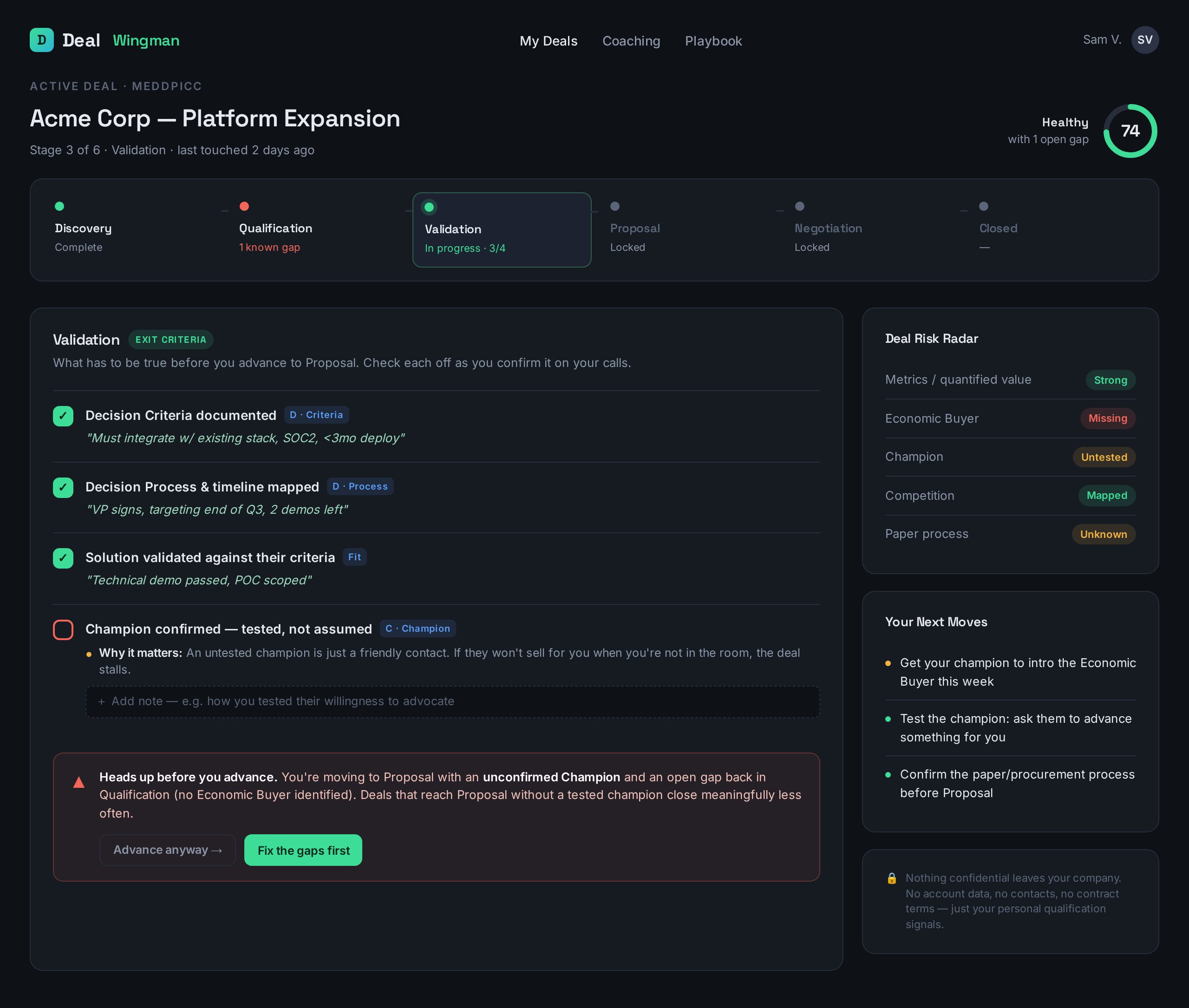 Deal Wingman app showing a deal timeline, MEDDPICC exit criteria, and deal risk radar